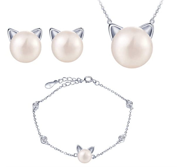 collar y pendientes de plata y perla gato